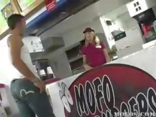 Inviting fast food worker gets down on her knees to blow two youngsters