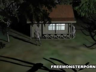 Pieptoasa al 3-lea desen animat seductress inpulit greu în aer liber de o zombi