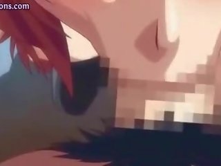 Mosaic: Redhead hentai teasing hard shaft