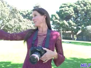 Long-legged brunette MILF photographer fucks young boy in her photo studio x rated film shows